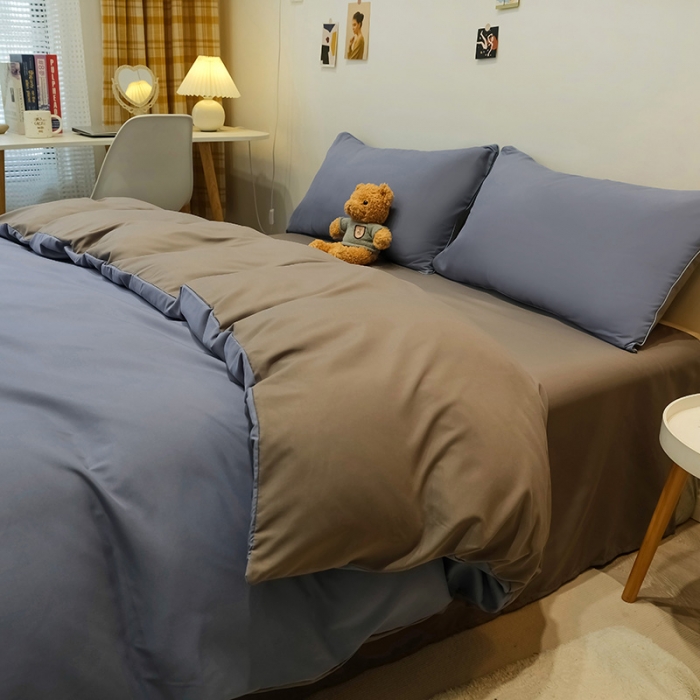 91家纺网 家纺一手货源 找家纺 蓝淋家纺 2022新款纯色简约四件套 浅兰灰+浅灰