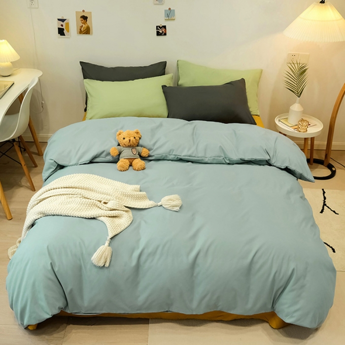 91家纺网 家纺一手货源 找家纺 蓝淋家纺 2022新款纯色简约四件套 浅蓝灰+芥末黄