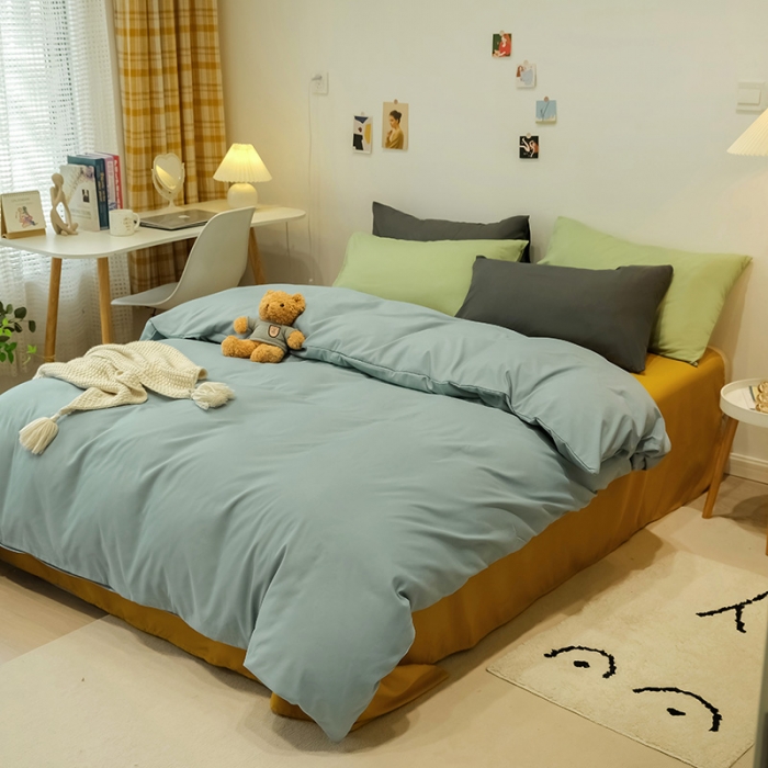 91家纺网 家纺一手货源 找家纺 蓝淋家纺 2022新款纯色简约四件套 浅蓝灰+芥末黄