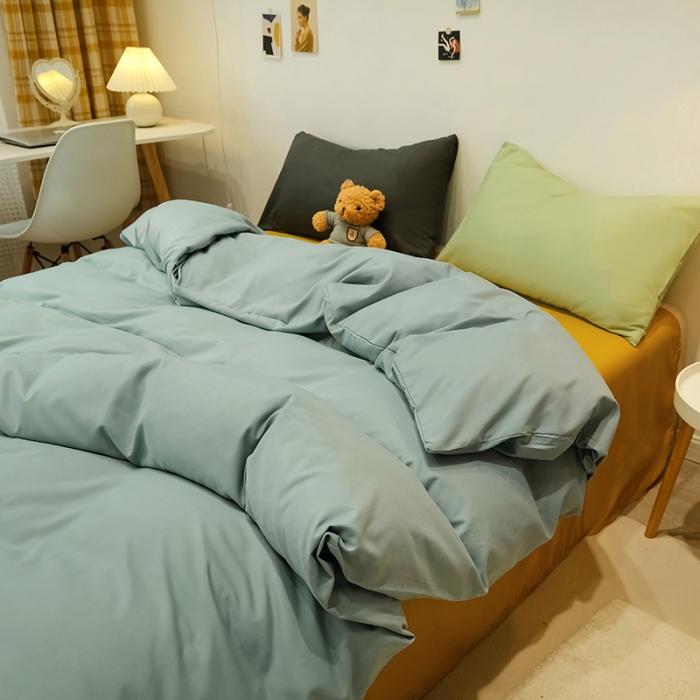 91家纺网 家纺一手货源 找家纺 蓝淋家纺 2022新款纯色简约四件套 浅蓝灰+芥末黄