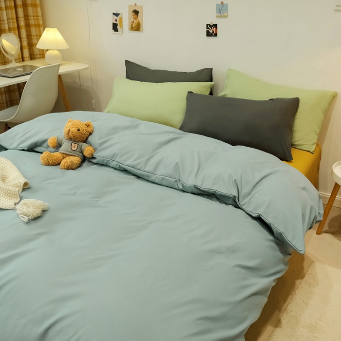 91家纺网 家纺一手货源 找家纺 蓝淋家纺 2022新款纯色简约四件套 浅蓝灰+芥末黄