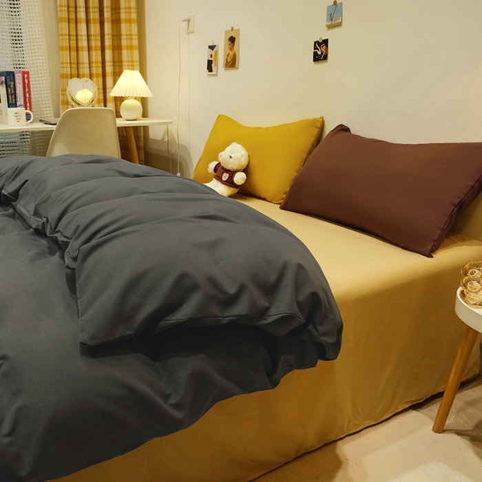 91家纺网 家纺一手货源 找家纺 蓝淋家纺 2022新款纯色简约四件套 深灰+杏色