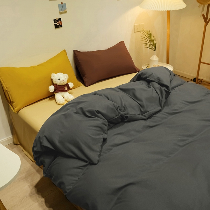 91家纺网 家纺一手货源 找家纺 蓝淋家纺 2022新款纯色简约四件套 深灰+杏色