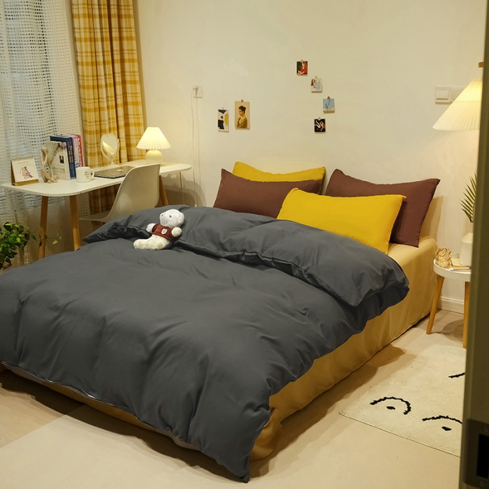 91家纺网 家纺一手货源 找家纺 蓝淋家纺 2022新款纯色简约四件套 深灰+杏色