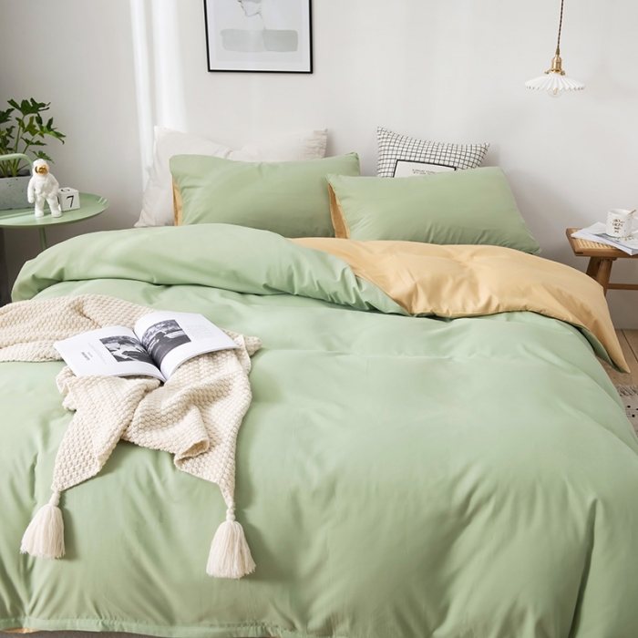 91家纺网 家纺一手货源 找家纺 蓝淋家纺 2022新款活性磨毛单品被套 浅绿+浅驼