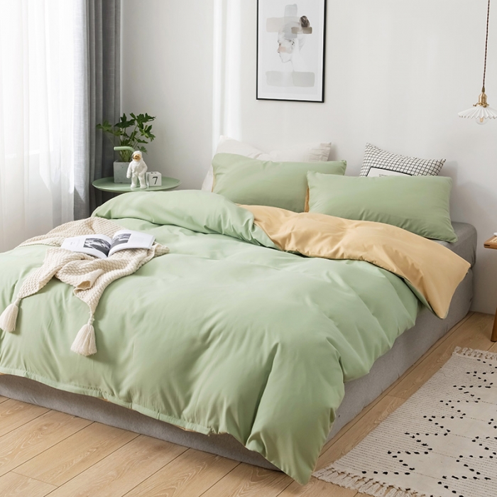 91家纺网 家纺一手货源 找家纺 蓝淋家纺 2022新款活性磨毛单品被套 浅绿+浅驼