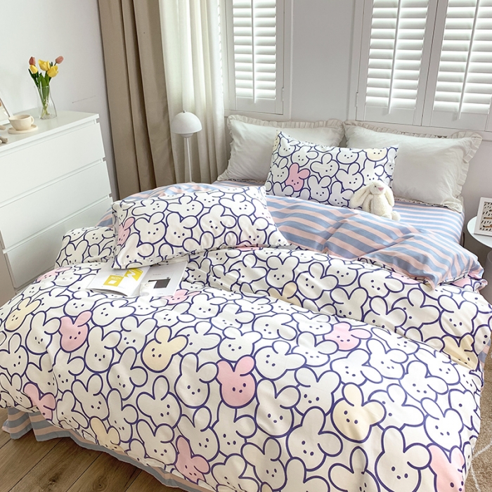 91家纺网 家纺一手货源 找家纺 怡家居 2022春季新款全棉四件套 七彩兔