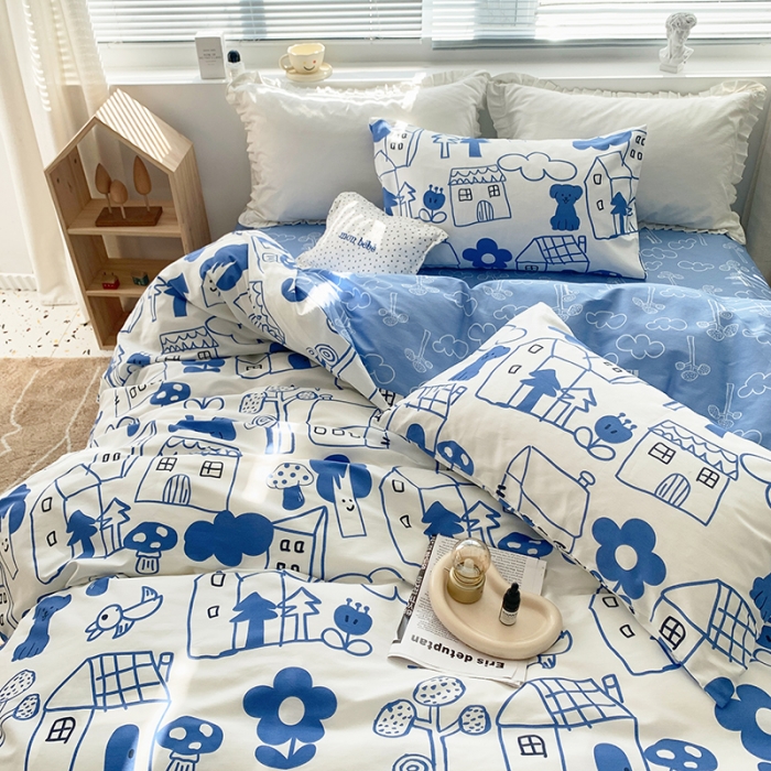 91家纺网 家纺一手货源 找家纺 怡家居 2022春季新款全棉四件套 涂鸦