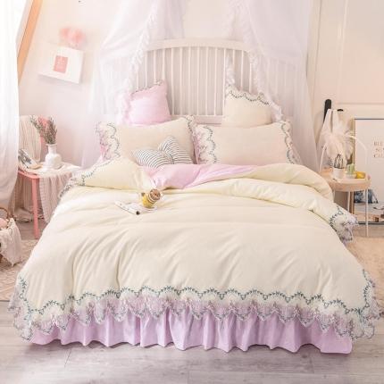 91家纺网 家纺一手货源 找家纺 绒世界 2022新款韩版水洗棉蕾丝玫瑰秘密系列四件套 玫瑰秘密-粉白