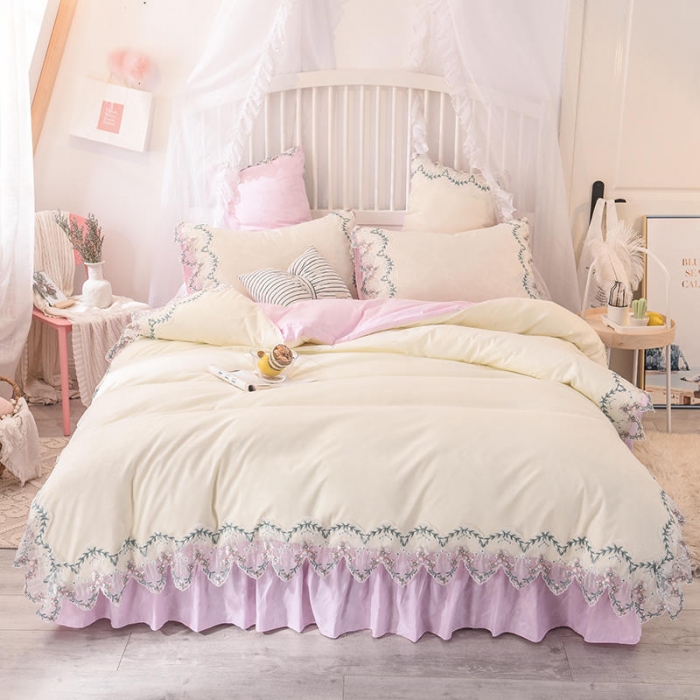 91家纺网 家纺一手货源 找家纺 绒世界 2022新款韩版水洗棉蕾丝玫瑰秘密系列四件套 玫瑰秘密-粉白