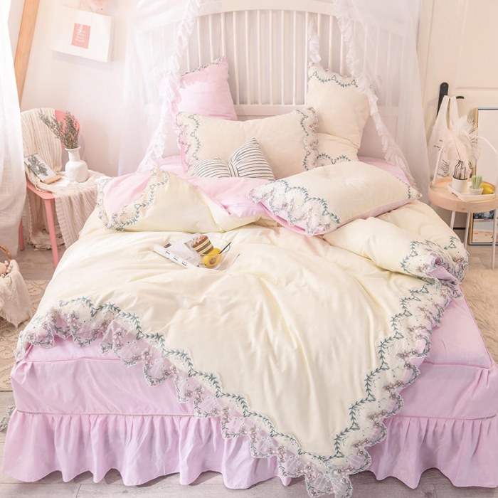 91家纺网 家纺一手货源 找家纺 绒世界 2022新款韩版水洗棉蕾丝玫瑰秘密系列四件套 玫瑰秘密-粉白