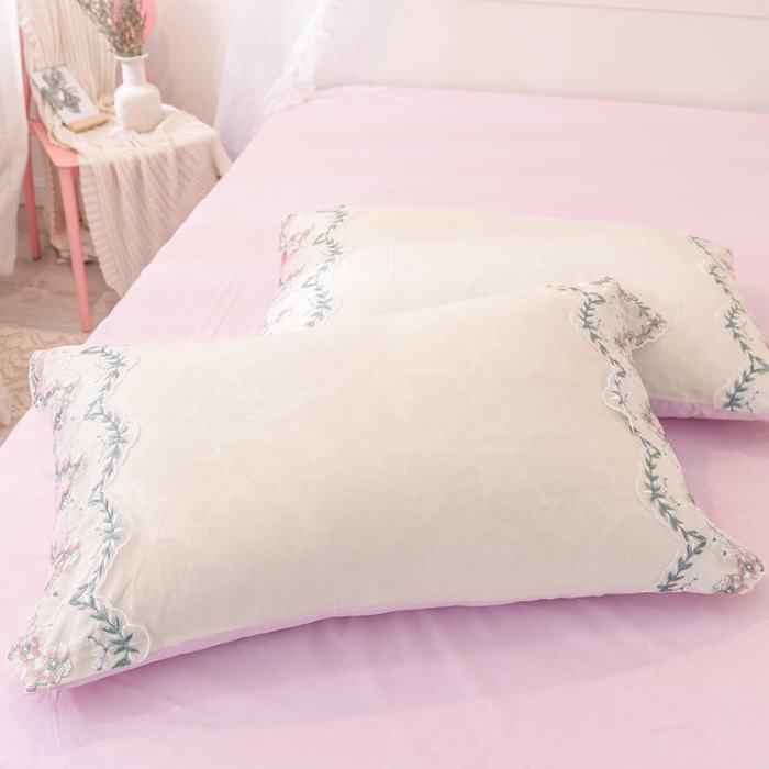 91家纺网 家纺一手货源 找家纺 绒世界 2022新款韩版水洗棉蕾丝玫瑰秘密系列四件套 玫瑰秘密-粉白