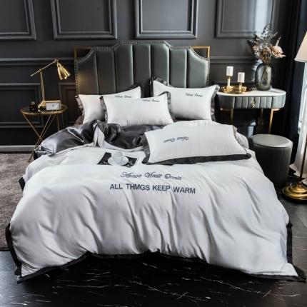 欧冠 2022新款水洗真丝盛夏系列四件套 白+深灰