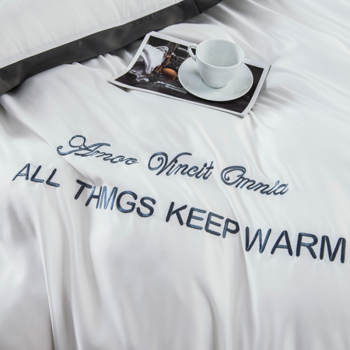 91家纺网 家纺一手货源 找家纺 欧冠 2022新款水洗真丝盛夏系列四件套 白+深灰