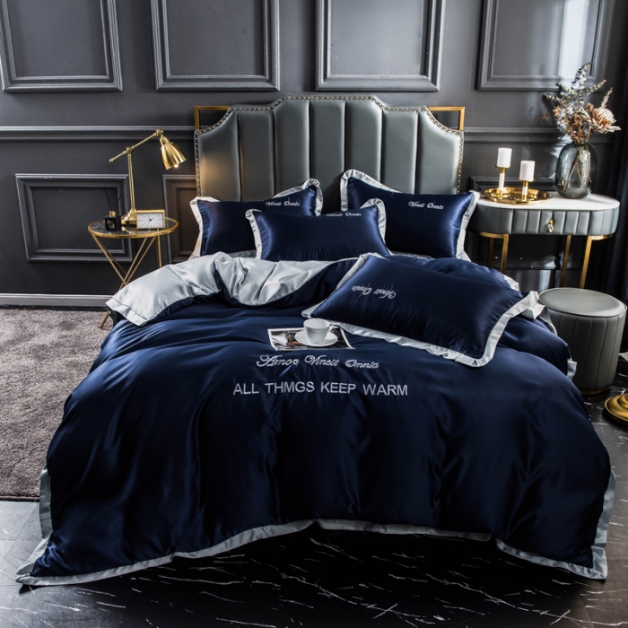 91家纺网 家纺一手货源 找家纺 欧冠 2022新款水洗真丝盛夏系列四件套 宝蓝+灰