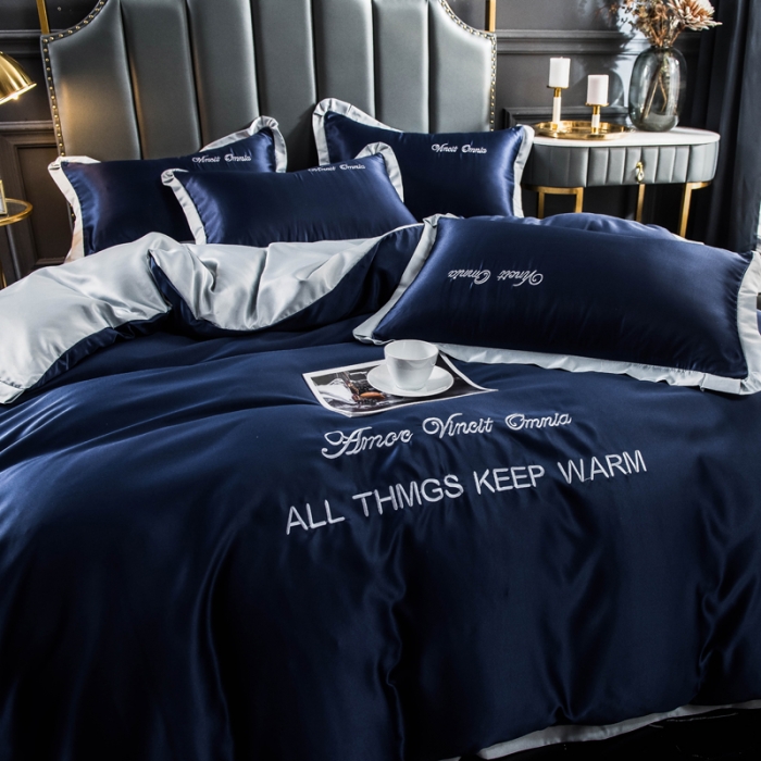 91家纺网 家纺一手货源 找家纺 欧冠 2022新款水洗真丝盛夏系列四件套 宝蓝+灰