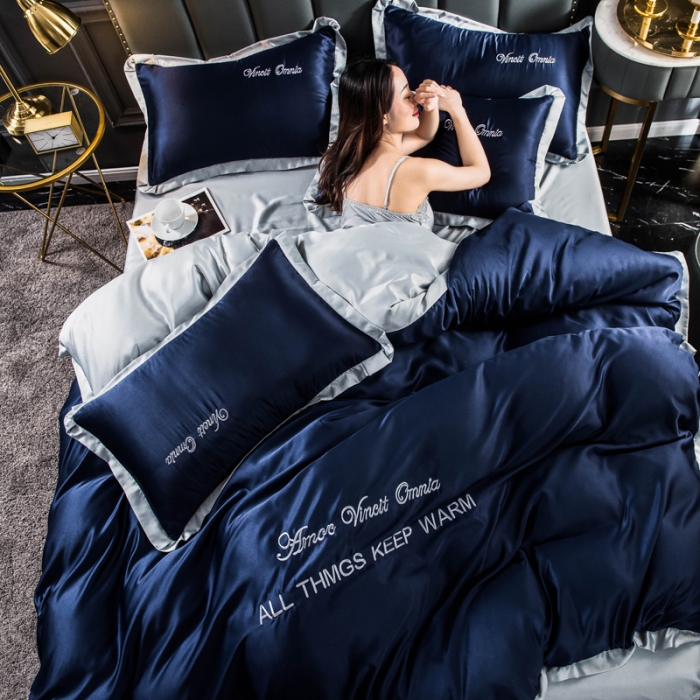 91家纺网 家纺一手货源 找家纺 欧冠 2022新款水洗真丝盛夏系列四件套 宝蓝+灰