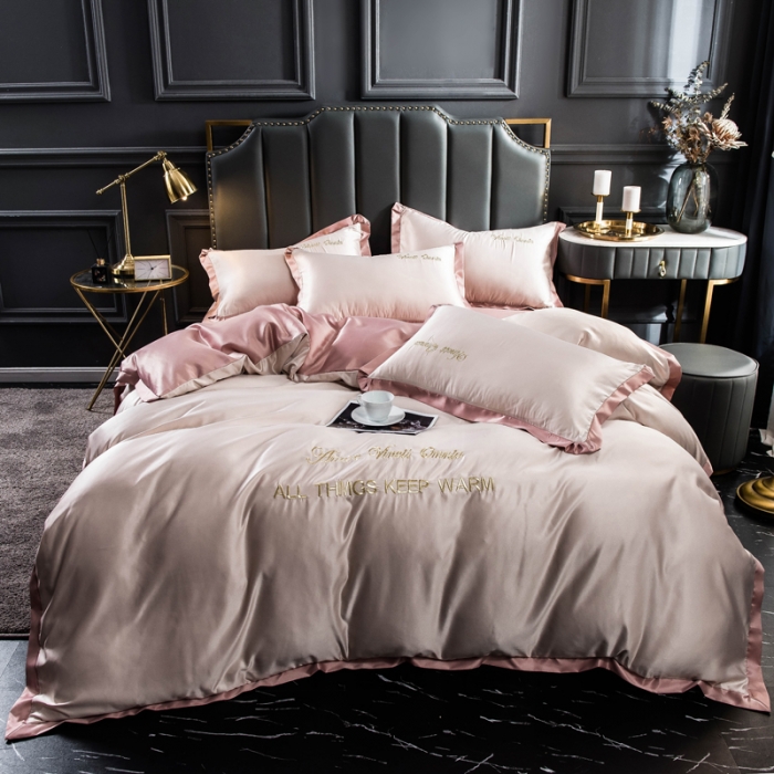 91家纺网 家纺一手货源 找家纺 欧冠 2022新款水洗真丝盛夏系列四件套 粉玉香槟