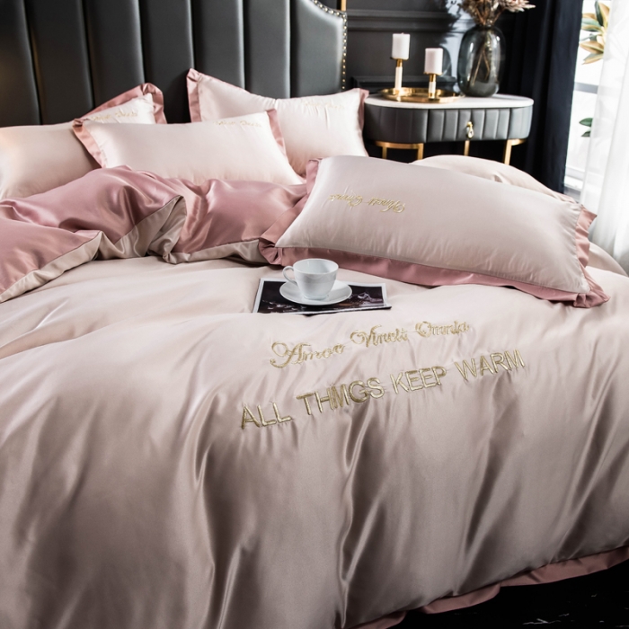 91家纺网 家纺一手货源 找家纺 欧冠 2022新款水洗真丝盛夏系列四件套 粉玉香槟