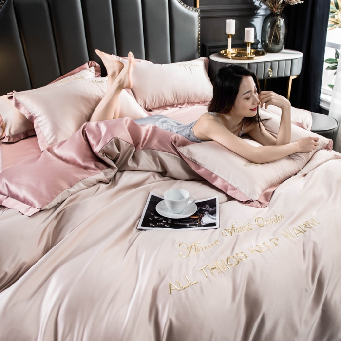 91家纺网 家纺一手货源 找家纺 欧冠 2022新款水洗真丝盛夏系列四件套 粉玉香槟