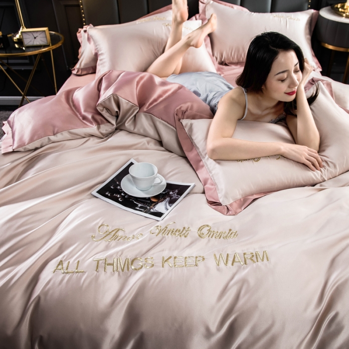 91家纺网 家纺一手货源 找家纺 欧冠 2022新款水洗真丝盛夏系列四件套 粉玉香槟