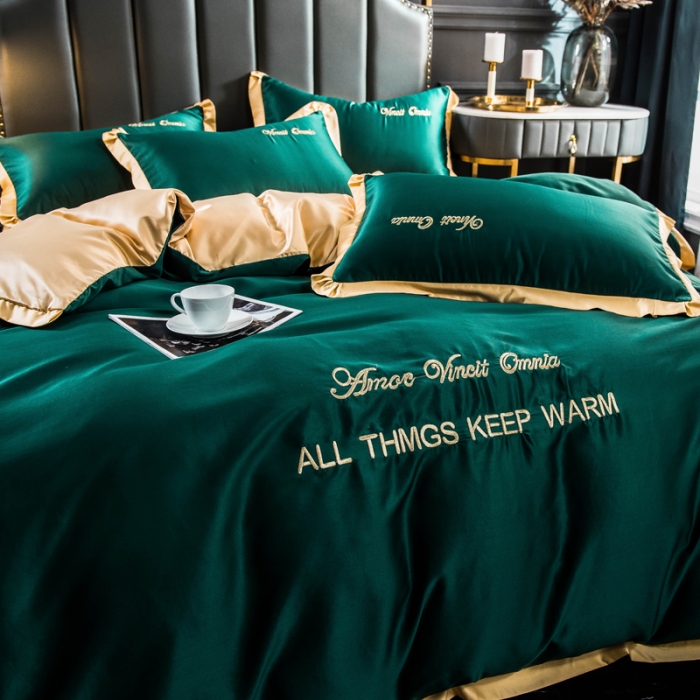 91家纺网 家纺一手货源 找家纺 欧冠 2022新款水洗真丝盛夏系列四件套 墨绿+姜黄