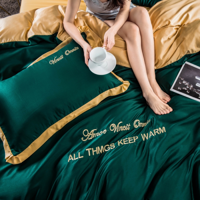 91家纺网 家纺一手货源 找家纺 欧冠 2022新款水洗真丝盛夏系列四件套 墨绿+姜黄