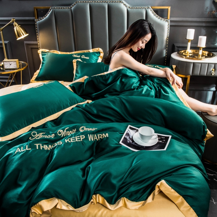 91家纺网 家纺一手货源 找家纺 欧冠 2022新款水洗真丝盛夏系列四件套 墨绿+姜黄