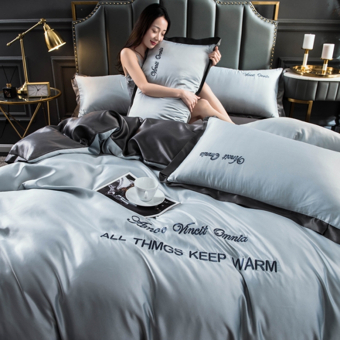 91家纺网 家纺一手货源 找家纺 欧冠 2022新款水洗真丝盛夏系列四件套 浅灰+深灰