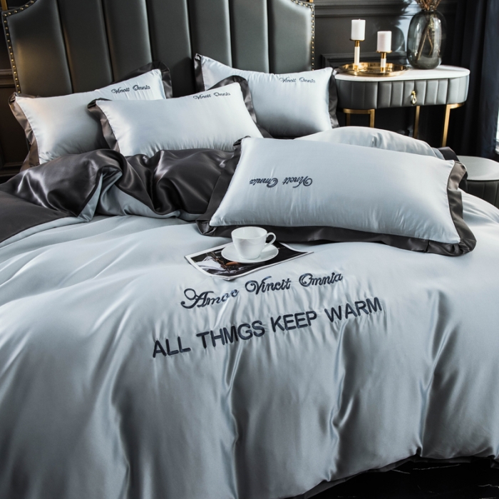 91家纺网 家纺一手货源 找家纺 欧冠 2022新款水洗真丝盛夏系列四件套 浅灰+深灰