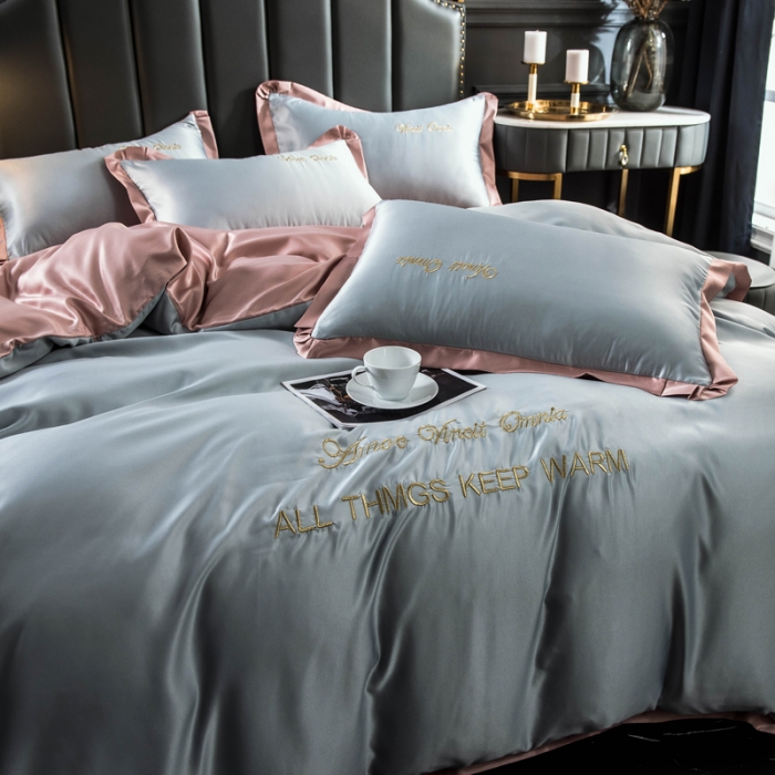 91家纺网 家纺一手货源 找家纺 欧冠 2022新款水洗真丝盛夏系列四件套 浅灰+香槟