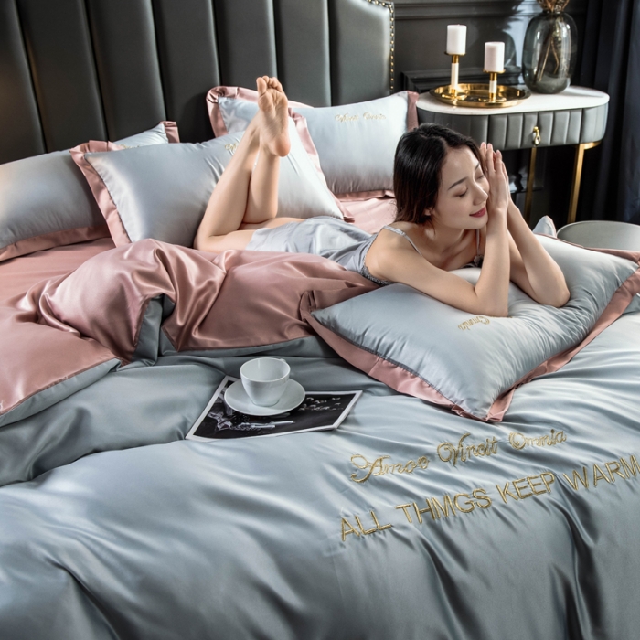 91家纺网 家纺一手货源 找家纺 欧冠 2022新款水洗真丝盛夏系列四件套 浅灰+香槟