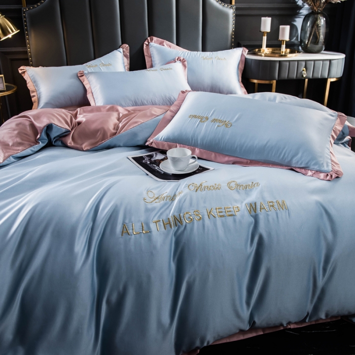 91家纺网 家纺一手货源 找家纺 欧冠 2022新款水洗真丝盛夏系列四件套 水蓝+香槟