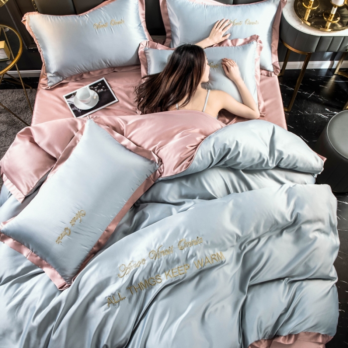 91家纺网 家纺一手货源 找家纺 欧冠 2022新款水洗真丝盛夏系列四件套 浅灰+香槟