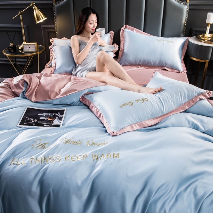 91家纺网 家纺一手货源 找家纺 欧冠 2022新款水洗真丝盛夏系列四件套 水蓝+香槟