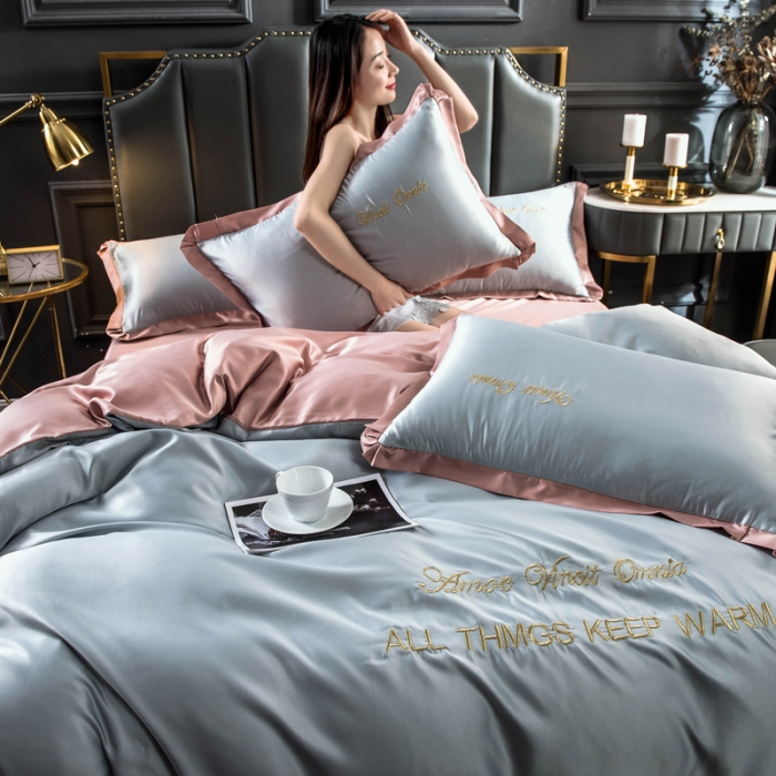 91家纺网 家纺一手货源 找家纺 欧冠 2022新款水洗真丝盛夏系列四件套 浅灰+香槟