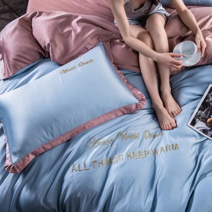 91家纺网 家纺一手货源 找家纺 欧冠 2022新款水洗真丝盛夏系列四件套 水蓝+香槟