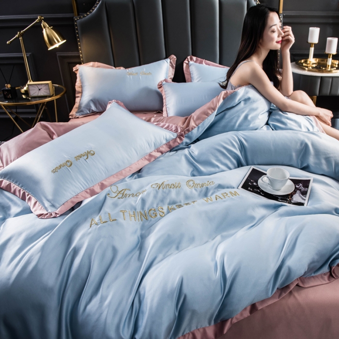 91家纺网 家纺一手货源 找家纺 欧冠 2022新款水洗真丝盛夏系列四件套 水蓝+香槟