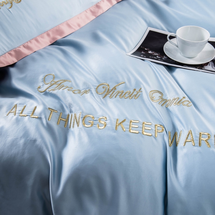 91家纺网 家纺一手货源 找家纺 欧冠 2022新款水洗真丝盛夏系列四件套 水蓝+香槟