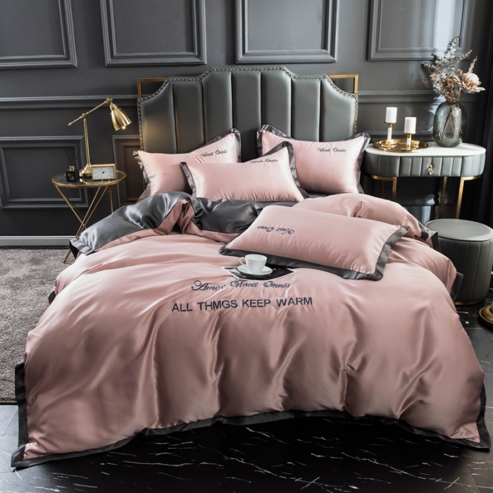 91家纺网 家纺一手货源 找家纺 欧冠 2022新款水洗真丝盛夏系列四件套 香槟+深灰