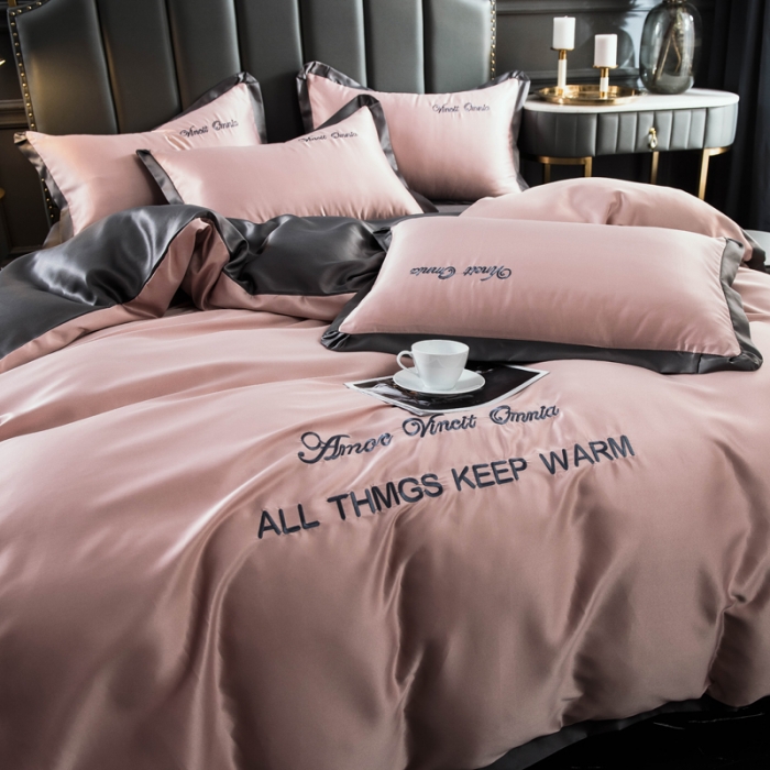 91家纺网 家纺一手货源 找家纺 欧冠 2022新款水洗真丝盛夏系列四件套 香槟+深灰