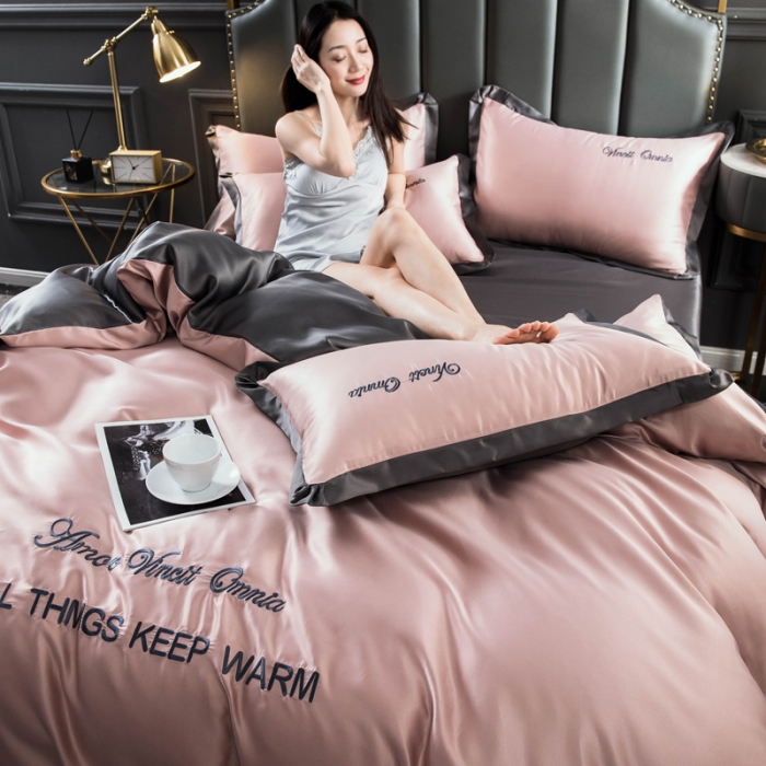 91家纺网 家纺一手货源 找家纺 欧冠 2022新款水洗真丝盛夏系列四件套 香槟+深灰