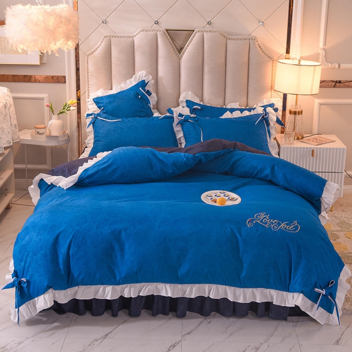 91家纺网 家纺一手货源 找家纺 欧冠 2022新款潮系列爱巢款床裙款刺绣四件套 宝蓝