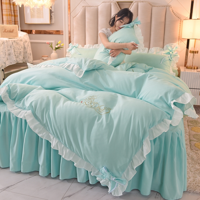 91家纺网 家纺一手货源 找家纺 欧冠 2022新款潮系列爱巢款床裙款刺绣四件套 碧绿