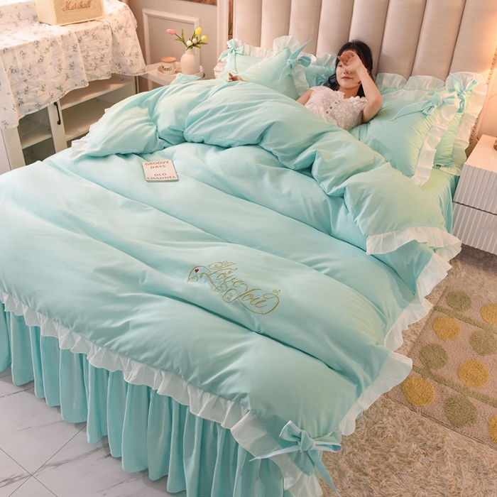 91家纺网 家纺一手货源 找家纺 欧冠 2022新款潮系列爱巢款床裙款刺绣四件套 碧绿