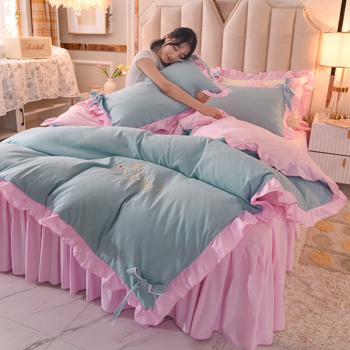 91家纺网 家纺一手货源 找家纺 欧冠 2022新款潮系列爱巢款床裙款刺绣四件套 兰粉