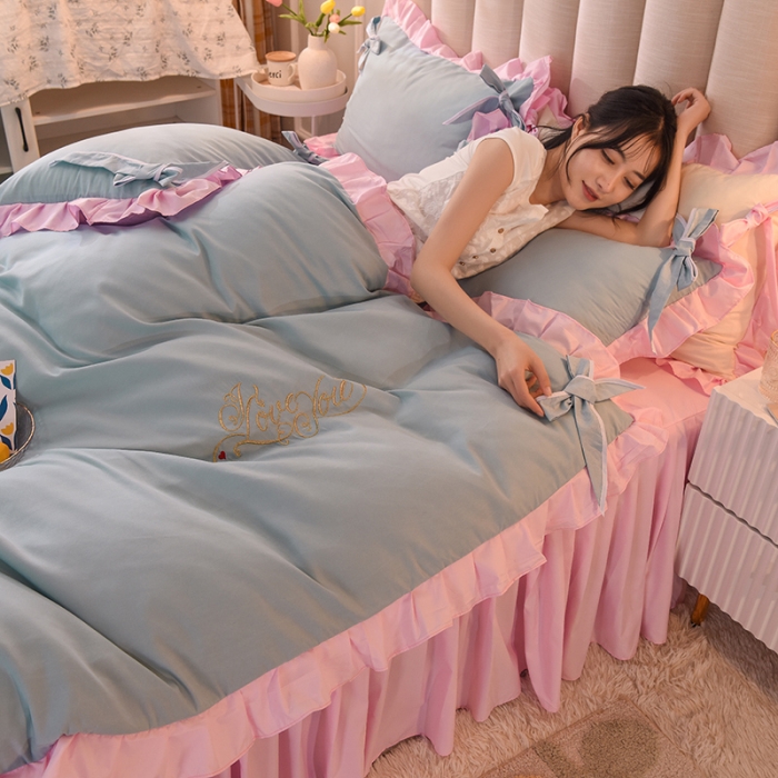 91家纺网 家纺一手货源 找家纺 欧冠 2022新款潮系列爱巢款床裙款刺绣四件套 兰粉