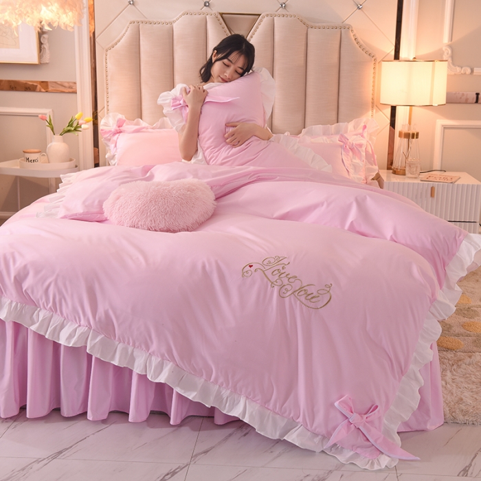 91家纺网 家纺一手货源 找家纺 欧冠 2022新款潮系列爱巢款床裙款刺绣四件套 浅粉