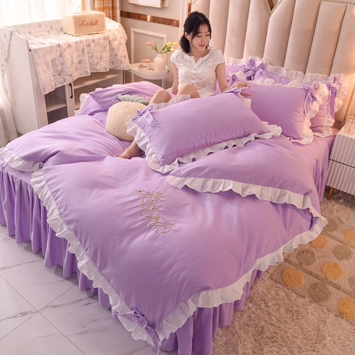 91家纺网 家纺一手货源 找家纺 欧冠 2022新款潮系列爱巢款床裙款刺绣四件套 浅紫