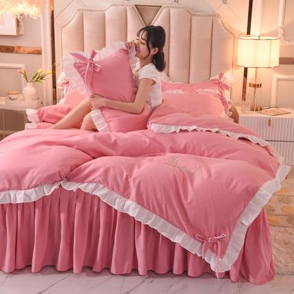 欧冠 2022新款潮系列爱巢款床裙款刺绣四件套 深粉